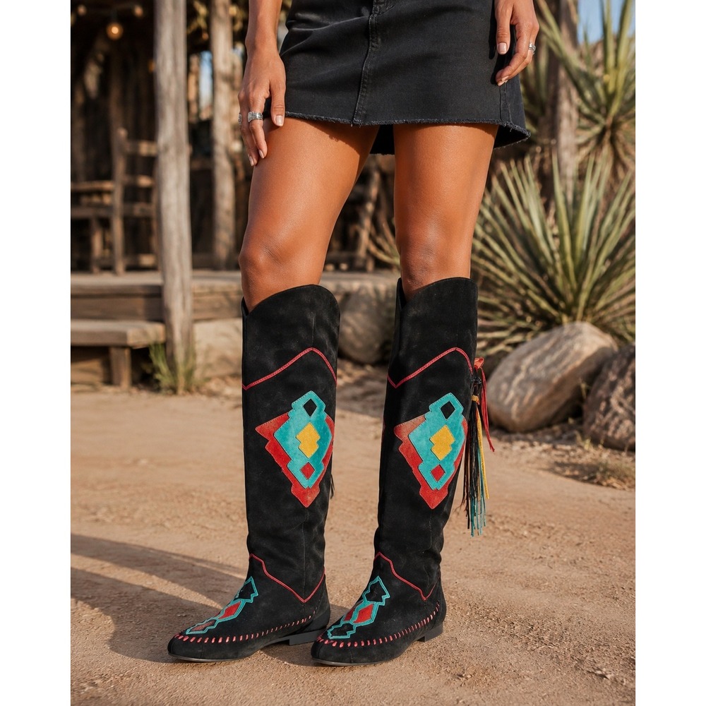 Vintage LJ Simone Black Suede Tall Boots 8.5 B Geometric Appliqué Fringe